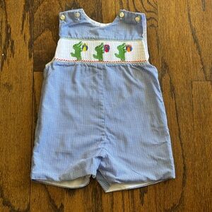 Smocked Blue Gingham Baby Romper with Alligator Embroidery